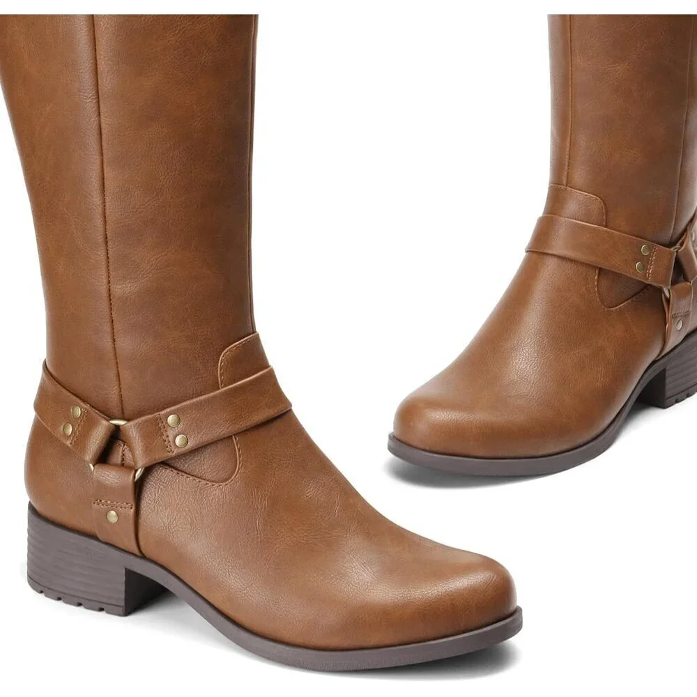 Women's Polyurethane Brown Buckle Side Zipper Squared Toe Knee High Riding Boots